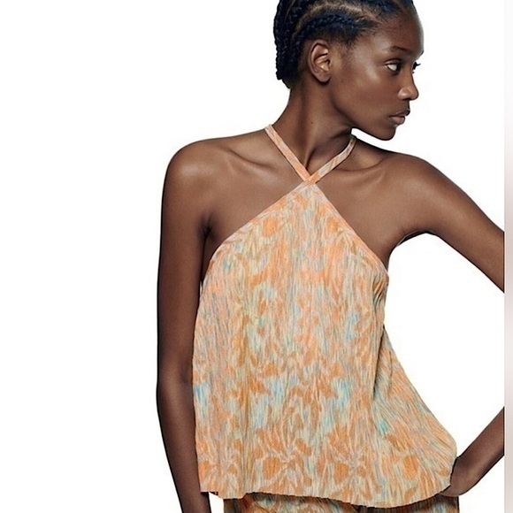 ZARA Jacquard Crinkle Flowy Crisscross Halter Top Size L Large Abstract Floral - Picture 1 of 7